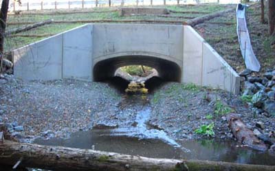 Ryan Creek crossing with new arch bridge, erosion control and LWD installed